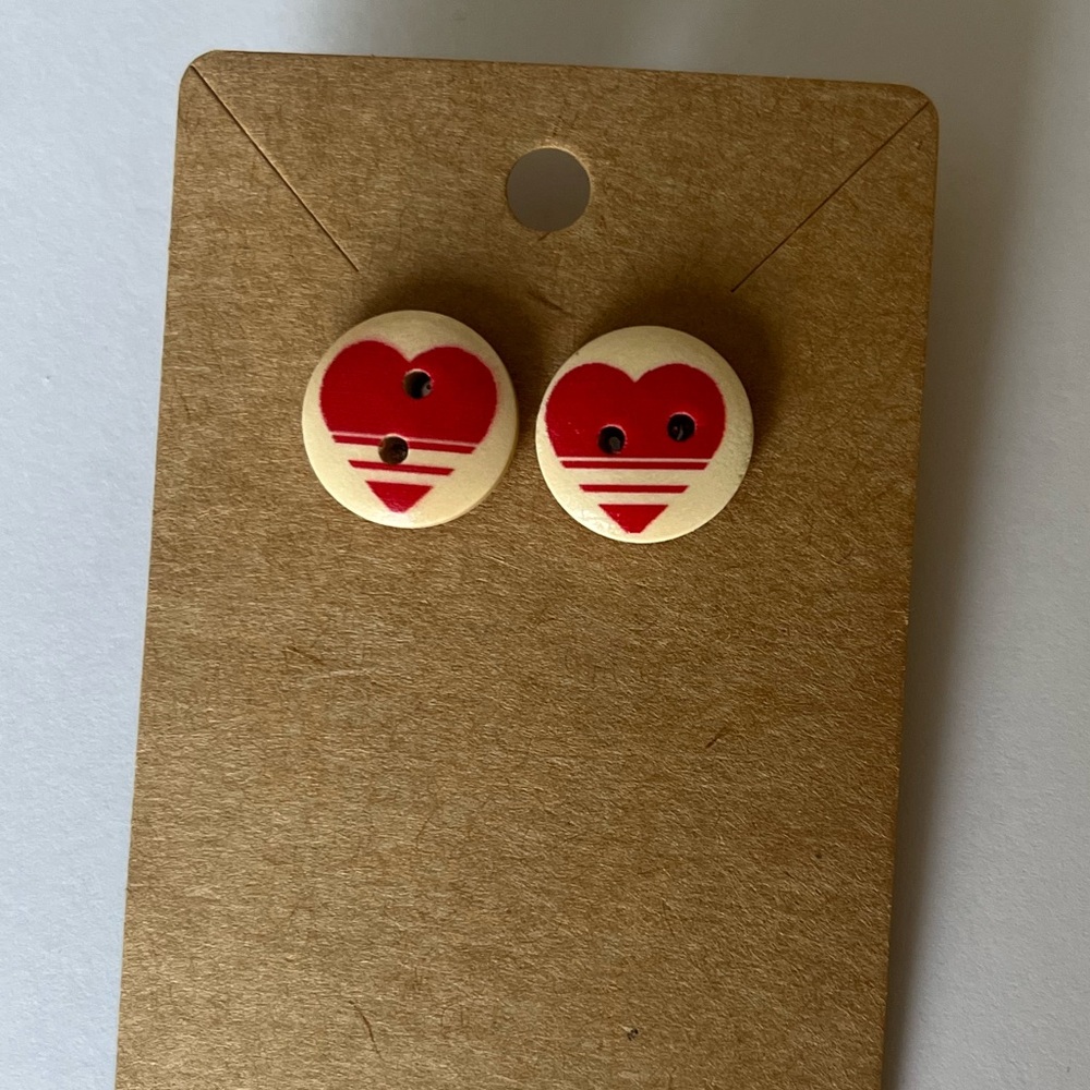 2/$15- Button Red Heart Design Stud Earrings Handmade